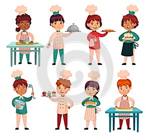 Cartoon children in chefs uniforn cook and hold dishes with food and dessert. African and asian boys and girls characters in