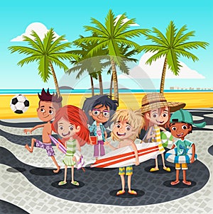 Cartoon children on Copacabana beach sidewalk.