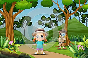 Cartoon children exploring in the forest
