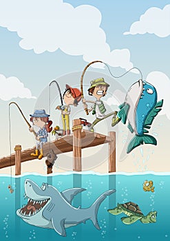 Cartoon children fishing on wooden pier.
