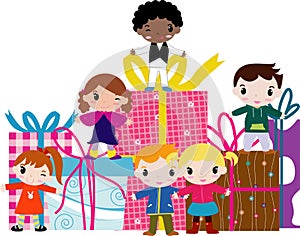 Cartoon children and gift box