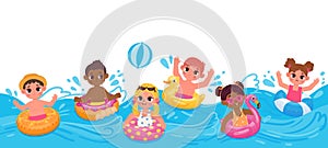 Cartoon children with inflatable rings swimming on sea waves. Pool volleyball. Kids enjoy summer beach water swim