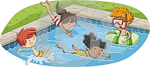 Cartoon children jumping into a swimming pool.