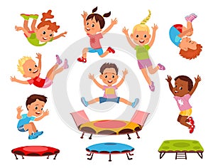 Cartoon children jumping on trampolines. Little boys and girls on playground. Kids activity. Energetic pastime