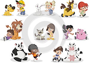 Cartoon children playing with animals pet