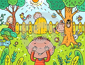 Cartoon children playing hide and seek in the garden photo