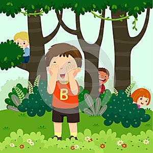 Cartoon of children playing hide and seek in the park