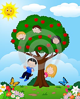 Cartoon children playing Illustration in an apple tree