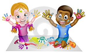 Cartoon Children Playing with Paint