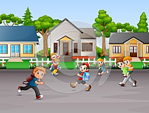 Cartoon of children playing at rural house yard