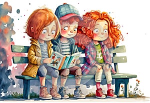 Cartoon children reading books on a bench in the park. Watercolor illustration