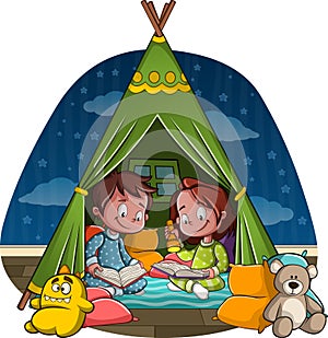 Cartoon children reading books inside a tent.