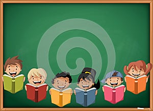 Cartoon children reading books over green chalkboard blackboard.