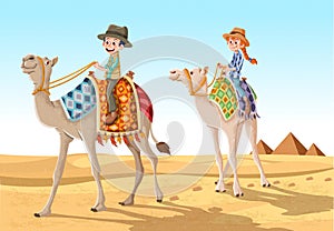 Cartoon children riding camels through the sand dunes in the desert.