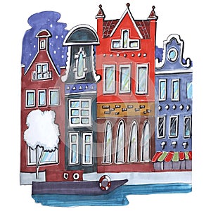 Cartoon children`s style hand drawing city amsterdam europe river houses with windows colorful markers illustration