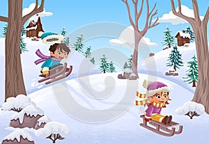 Cartoon children sledding in the park with snow. Kids on sleigh.