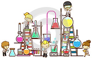 Cartoon children student are studying chemistry, working