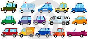 Cartoon children toy cars, cute play transport. Kids toy car, truck, ambulance and police car vector illustration set