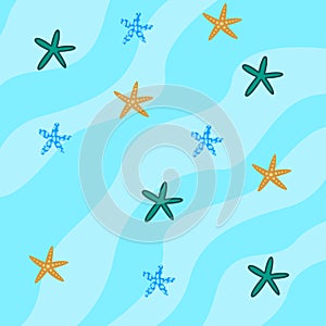 Cartoon childrens background. Starfishes on a blue background.