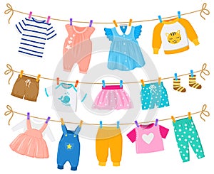 Cartoon childrens clean clothes dry hanging ropes. Kids cute garments shorts, dresses, shirts hanging clothesline vector
