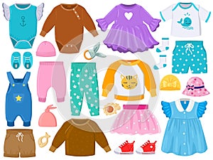 Cartoon childrens fashion outfits clothes, shoes, hats. Baby clothes elements, pants, dress, romper, panama vector