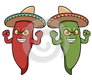 Cartoon chili peppers wearing sombreros