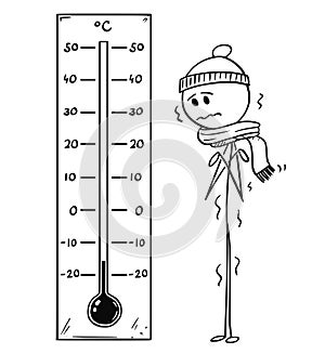 Cartoon of Chilled Man Looking at Big Celsius Thermometer Showing Low Temperature