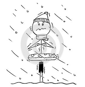 Cartoon of Chilled Man or Tourist Standing in Water in Cold Weather Out of Season