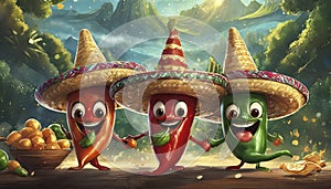 cartoon chilli peppers wearing sombreros