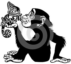Cartoon chimp holding a chameleon black and white