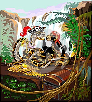 Cartoon chimpanzee and python pirates illustration