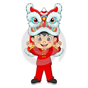 Cartoon chinese boy with lion dance