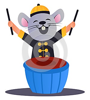 Cartoon chinese mouse playing drums vector illustration