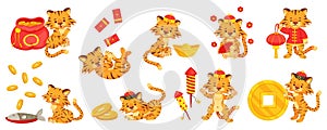 Cartoon chinese new year tiger, cute tigers with gold ingot. Little tiger cubs with firecrackers, money bag. Holiday