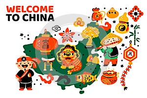Cartoon Chinese travel poster. Welcome to China. Invitational banner. Country map with cultural symbols and sights