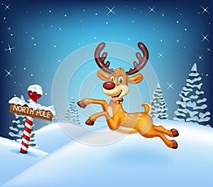 Cartoon Christmas background with deer running in the winter time