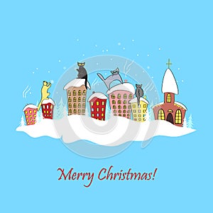 Cartoon christmas card design with cats in silhouettes sitting on the top