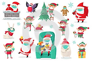Cartoon christmas characters wearing medical masks. Santa, elves and animals in protect mask, antiviral protective