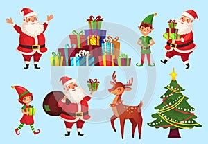 Cartoon christmas characters. Xmas tree with Santa Claus gifts, Santas helpers elves and winter holidays deer vector