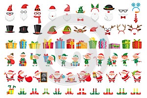 Cartoon Christmas collection. Xmas hats and New Year gifts. Santa Claus and elves helpers characters vector set