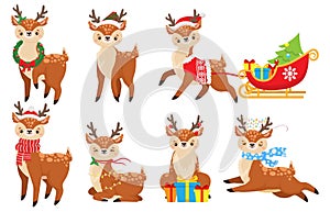 Cartoon christmas deer. Cute fawn in winter scarf, xmas reindeer child and funny deers vector illustration set
