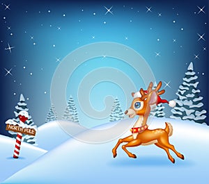 Cartoon Christmas deer running in winter time