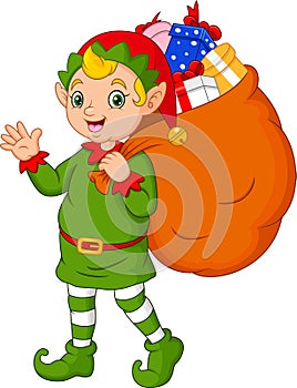 Cartoon Christmas elf carrying a sack of gifts