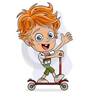 Cartoon christmas elf showing riding kick scooter