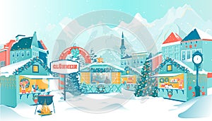 Cartoon Christmas Fair on Town Square in Winter