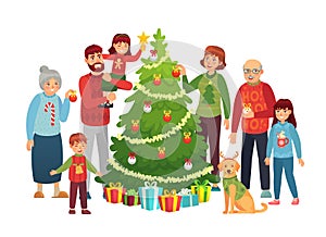 Cartoon christmas family portrait. Xmas tree decorations, happy people and big family decorated christmas tree vector