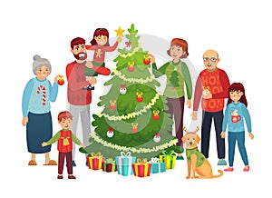 Cartoon christmas family portrait. Xmas tree decorations, happy people and big family decorated christmas tree vector illustration