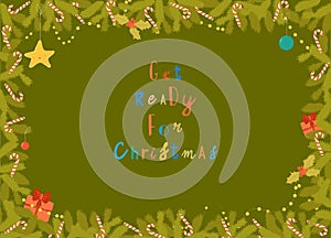 Cartoon Christmas Frame with Christmas Tree Branches and Decoration