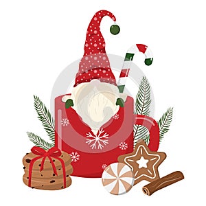 Cartoon Christmas gnome in a mug with cookies, branches clipart