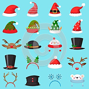 Cartoon christmas hat. Xmas different hats, winter masquerade masks. Elves ears, deer horns and snowman mask vector set photo